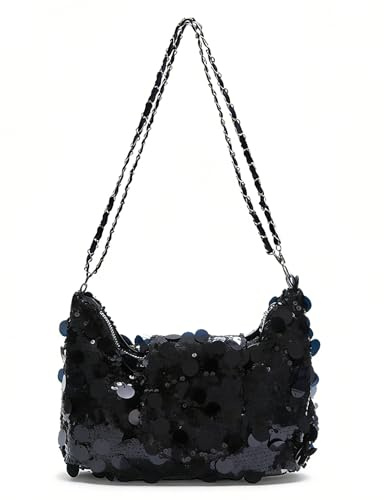 JENCVNL Damen Glitzer Pailletten Tasche, Elegant Glitzer Clutch Abendtasche Silber Schwarz Pailletten Umhängetasche Schultertasche mit ReißVerschluss für Abend Prom Hochzeit Party