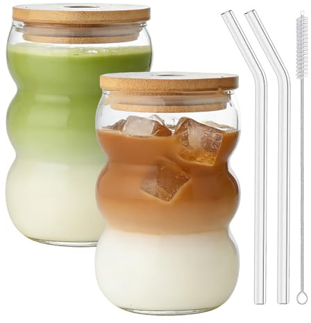 VITEVER Matcha Latte Glas, 2pcs 550ml Glasbecher mit Deckel und Strohhalm Latte Gläser, Bubble Glasbecher, Macchiato Gläser, Cocktailglas, Kaffeeglas Eiskaffee Trinkglas mit Bürste und Strohhalm