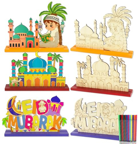 HOWAF 3 Stück Eid Mubarak Dekoration Tischdeko Holz zum Bemalen Mit 12 Farbstiften, DIY Muslimische Tisch Deko Ramadan Tischdekoration Ramadan Basteln Kinder für Eid Mubarak Geschenke Ramazan Dekor