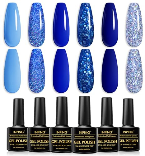 INPING Gel Nail Polish, 6 Colors UV Gel Nail Polish Set, Dark Blue Glitter Silver Navy Sky Blue Ocean Cobalt Sparkle Diamonds Nail Varnish Soak Off UV LED for Women Nail Art Design, 8 ML