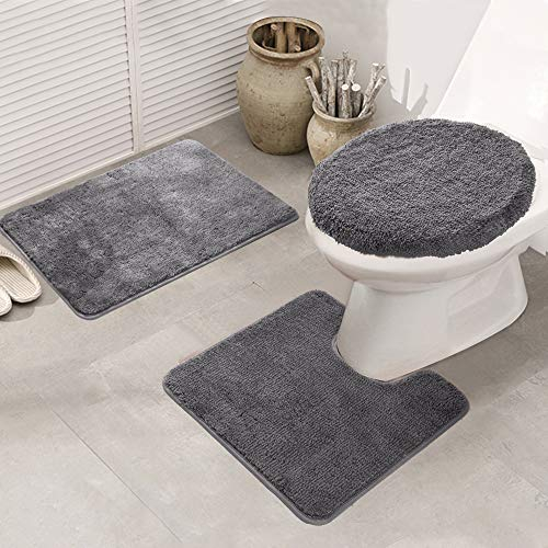 ele ELEOPTION Badematte Set 3 teilig, Waschbar Badezimmerteppich, rutschfeste Badematte Toilettenmatte,Weich Saugfähige Badteppiche und WC Vorleger Duschvorleger (Grau)