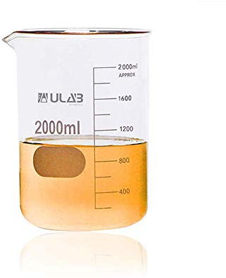 ULAB Griffin Low Form Glass Beaker, Vol.2000ml, 3.3 Borosilicate Glass, Printed Graduation, UBG1020