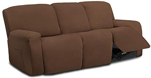 Easy-Going 8 Stück Mikrofaser Stretch Abschnitt Lehnstuhl Sofa Schonbezug Weich Fitted Fleece 3 Sitze Couch Cover Waschbar Möbelschutz mit Elastizität für Kinder Haustier (Liegesofa, braun)
