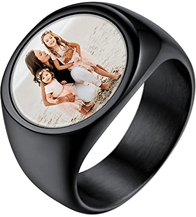U7 Schwarzer Ring für Männer Siegelring mit Foto Herren Oval Ringe mit Gravur Edelstahl Ringe Herren Schwarz Fingerring Statement Ring Men Memorial Bandring Statement-Ring Schmuck für Valentinstag