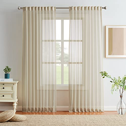 Melodieux Gardinen mit Kräuselband - Halbtransparente Gardinen Beige, Creme Vorhänge Durchsichtig, Fertiggardine für Wohnzimmer, Esszimmer, Schlafzimmer (2er Set, 245x140cm)