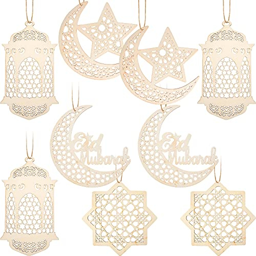 9 Stück Holz Anhänger Ornament Ramadan Kareem Hohldekoration Mond Stern Wind Licht Form Anhänger Ornament Rustikal Happy Eid Hängendes Zeichen für Ramadan Mubarak Eid Party Dekorationen