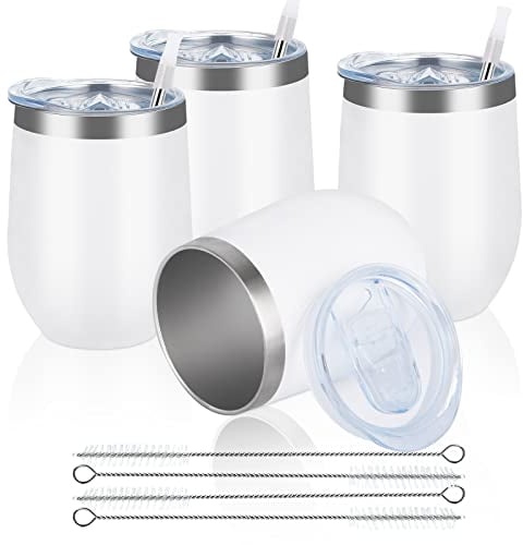 Joymaking 4 Stück Weinbecher Edelstahl, Stemless Weinbecher mit Deckel, Doppelwandige Unbreakable Travel Becher für Milk, Kaffee, Wein, Bier, Champagner, Cocktails, Weiß