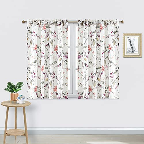VOGOL Vorhänge für Kellerfenster 114,4 cm Länge, 2 Paneele halbkurze Vorhänge, mittelrosa Vögel & Blumen, Vorhänge für Wohnzimmer, Schlafzimmer, Stangentasche