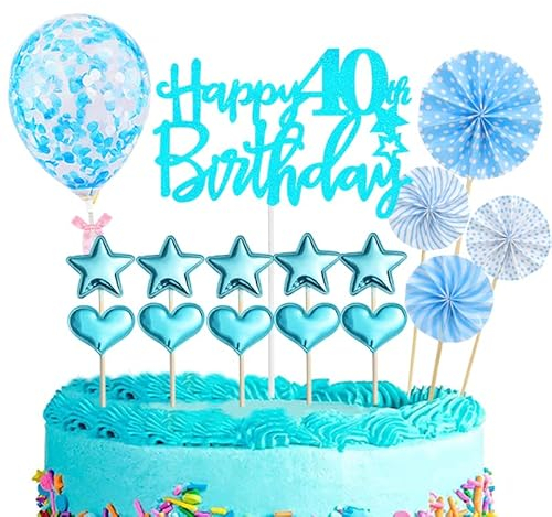 Tortendeko 40 Geburtstag Frau Mann,16 Stück Glitzer 40. Geburtstagstorte Topper,Blau Cake Topper Deko 40 Geburtstag,Happy 40th Birthday Kuchendeko Luftballons für 40. Geburtstag Party Kuchen Deko