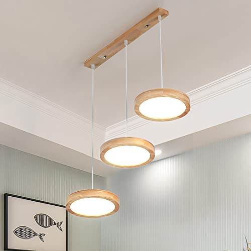 36W LED Pendellampe Runde Holz Esszimmer Leuchte Warmweißes natürliches Licht Modern Acryl Schirm 3-flammig D70cm Hängelampe Vintage Retro Antik Design Deckenleuchte für Esstisch/Wohnzimmer/Küche/Büro