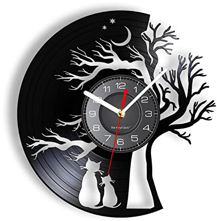 30cm Orologio Vinile Gatti innamorati sotto un albero della vita Wall Art Orologio da parete moderno sotto un albero Orologio da record in vinile Regalo per gli amanti degli animali domestici dei ga