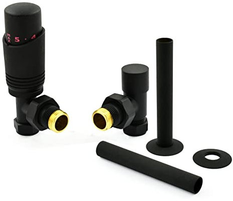 Hot Flow Textured Black Cascade Angled Modern TRV Thermostatic Radiator Valve (Pair) Includes Angled TRV Body, One Lock Shield & Pipe Sleeve for Quick & Easy Temperature Control.