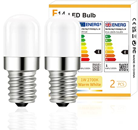 YzzYzz E14 LED Warmweiss Lampe, 2700K E14 LED Kühlschranklampe Warmweiß, 1W Ersatz für 15W Halogenlampen, 120 Lumen Kühlschrankbirne, 360° Abstrahlwinkel, Nicht Dimmbar, 230V AC, 2 Stück