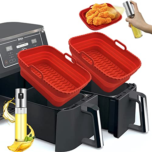 Daily Treasures 2 Pack Foldable Air Fryer Liners with 1Pack Oil Sprayer Dispenser for Ninja Air Fryer Dual, Ninja Air Fryer Accessories Reusable Air Fryer Silicone Liner for Ninja Dual Air Fryer(Red)