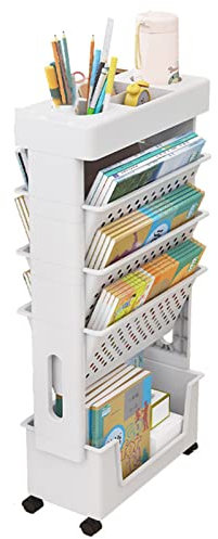 JHLP Bewegliches Bücherregal für Klassenzimmer, 5 Ebenen, kompakter Schreibtisch-Organizer mit Rollen – Mehrzweck-Rollwagen für Wohnheim, Bibliothek, Eckregal für Bücher