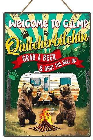 D4DREAM Lustiges Schild Welcome to Camp Quitcherbitchin, 20,3 x 30,5 cm, Vintage-Campingschild, Camping-Geschenke für Camper, Camper, Dekoration, Bauernhaus, rustikales Campingschild, Camper-Zubehör