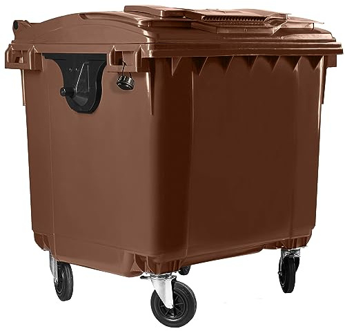 Hardwex Müllcontainer mit 4 Rädern mit Flachdeckel, Deckel im Deckel, Müllgroßbehälter, Abfalltonne, Mülltonne, Volumen: 1 100 Liter, Braun, Größe: 1 344 x 1 370 x 1 070 mm