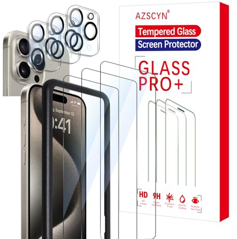 AZSCYN [3+3 Stück] Panzer Schutz Glas für iPhone 15 Pro Max, 3 Stücke Schutzfolie Mit 3 Stück Kameraschutz und Positionierhilfe, HD Klar Panzerfolie, 9H Härte Glas Folie Displayschutz