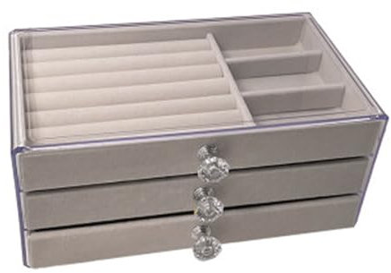 Terafeels Clear Jewellery Box for Women with 3 Drawers, Jewellery Organiser with Dividers Acrylic Storage Organiser for Rings, Bangles, Bracelets, Necklaces and Earrings, Gery 1508