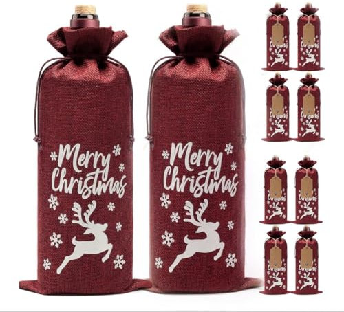 8 Pcs Burlap Wine Bags - Reusable Wine Gift Bags with Drawstrings Tags for Christmas, Wedding, Birthday, Holiday Party, Housewarming, Storage
