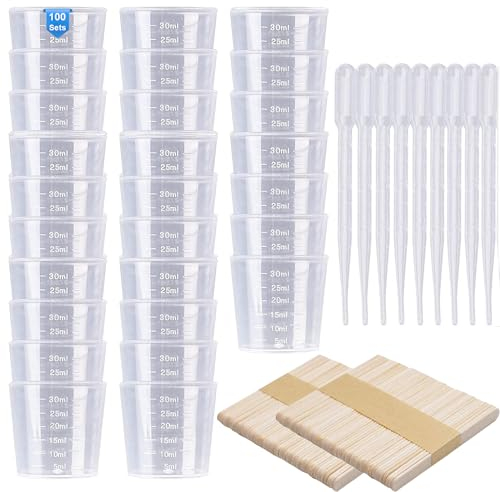 100Pz Misurino Graduato 30 ml 100Pz Bastoncini di Legno con 100Pz Pipette Contagocce 3ml, Misurini Dosatori Plastica per Mescolare la Resina Epossidica Vernice Macchia (300Pz)