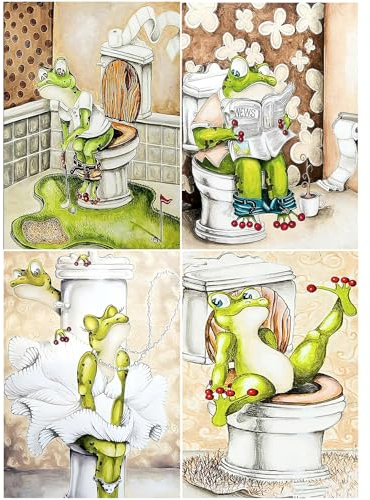 SHEGZHUC 4er Set Diamond Painting Toiletten Bilder - Frosch auf Klo, Golf, Weißer Rock, Süß Cartoon - 30x40cm Strass Diamanten Painting Perlenbilder Tiere