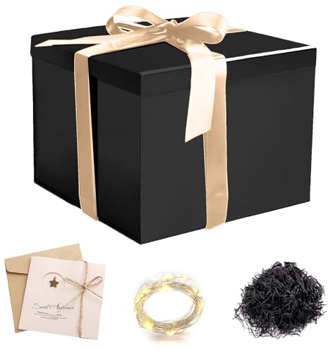 Geschenkbox mit Schleife,Geschenkbox mit Deckel,mit Grußkarten,Raffia Hamper Shreds,Led Lichterkette,für Weihnachten,Geburtstage,Jubiläen Geschenkverpackung Box,Faltbare,23x23x18cm