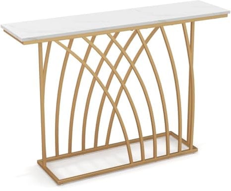 COSTWAY 120cm Gold Console Table, Modern Entryway Table with White Faux Marble Tabletop and Geometric Base, Narrow Long Behind Sofa Table for Living Room Hallway
