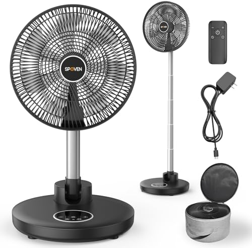 SPOVEN Ventilador oscilante de pie, ventilador portátil plegable de 12 pulgadas con batería recargable de 12000 mAh, ventilador de pedestal ajustable en altura con control remoto para dormitorio,