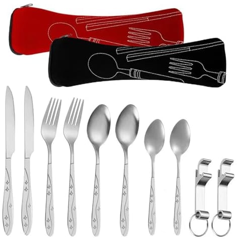 2 Pezzi Set di Posate con Custodia Portatile,Set di Utensili da Campeggio,Posate in Acciaio Inossidabile,Posate Portatili con Custodia in Neoprene,per Viaggi, Casalingo, Picnic, Scuola