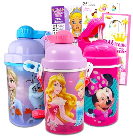 Disney Botellas de agua para niñas, paquete de 3 piezas de suministros escolares de Disney con botellas de bebida Disney con Disney Princesses, Frozen, Disney Mouse Plus, libro de actividades