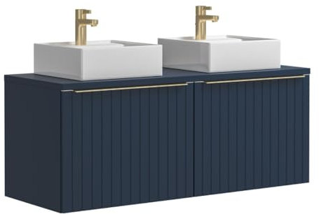 Vente-unique-Mobile per bagno sospeso doppio lavabo scanalato 120 cm Blu - JOSEPHA