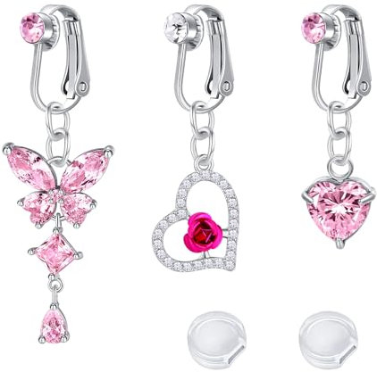 Briana Williams 3 Stück fake bauchnabelpiercing bauchnabel Clip on nicht piercings bauchnabel schmuck Silber Pink Schmetterling Herz CZ
