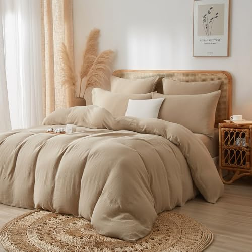 DXHOME Bettwäsche 200x200 Muslin Khaki Bettwäsche Baumwolle Sommer Wendebettwäsche Atmungsaktiv Kühlende Bettbezug mit Reißverschluss und 2 Kissenbezüge 80 x 80cm