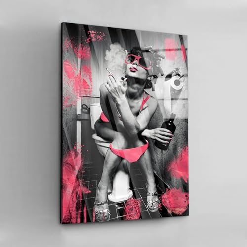 Blue Booms Crazy Toilet Girl - Rose - Version en verre acrylique - 30 x 45 cm - Sans cadre