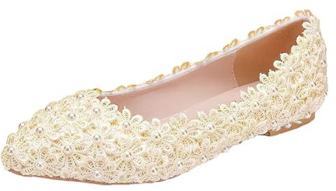 Jamron Womens Elegant Pointed Toe Flower Lace Pearls Bridal Shoes Pumps Soft Sole Ballet Flats Beige SN070435 UK5