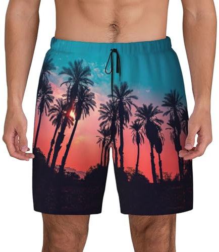 Short de plage double couche imprimé palmier coucher de soleil pour homme, short de bain à séchage rapide, Noir , M
