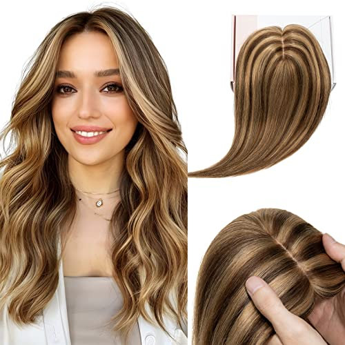 Elailite Echthaar Topper, Clip in Toupet, Frauen Seide Basis Clip in Haarteil, 130% Dichte Remy Silk Base, Glatt 25cm 35g #4/27 Mittel Braun&Dunkelblond