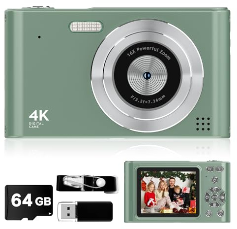 2025 Digital Camera, Kids Camera1080P, Vlog Camera with 64GB Card,16X Zoom Anti Shake, Card Reader, 44MP Compact Portable Small Point Shoot Camera Green Gift for Kid Student Children Teen Girl Boy