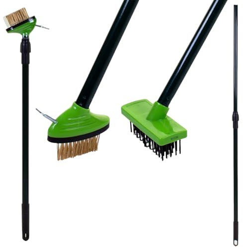 Dunnet Tools 3-in-1 Teleskop-Unkrautentferner-Bürste, Drahtkopf, Pflastersteine, Terrassendielen, sauberes Schrubben, Moos, Unkrautentferner, Werkzeug, Drahtbürste, Schaber-Set mit Metallbesen
