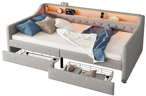 Azkoeesy Polsterbett 90 x 200 cm, Schlafsofa mit LED-Beleuchtung, Regal, USB-Anschluss, 2 Schubladen, mit Rückenlehne und Armlehne, Bezug aus Leinen (Grau)