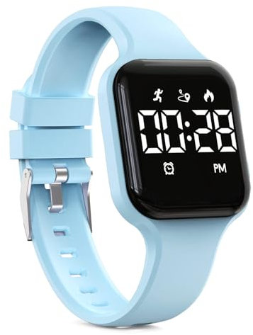 Focwony Montre numérique étanche pour enfants avec podomètre, affichage LED, chronomètre, pour enfants, garçons, filles, adolescents, bleu clair, taille unique, Moderne
