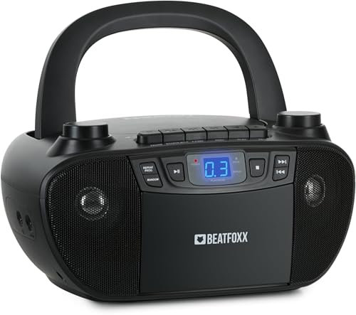 Beatfoxx CDB-1016 BK Boombox con cassetta, lettore CD, radio con maniglia per il trasporto, registratore con ingresso AUX e uscita cuffie - Funzionamento tramite cavo di alimentazione o 6 batterie