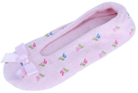 CTM Women's Floral Embroidered Terry Ballerina Slipper House Shoe, Large (8.5-9), Pink