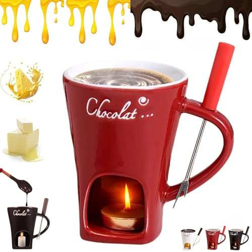 Schokofondue Tasse, Schokofondue Set Mit Gabel und Teelichtkerze, Mini Schokofondue für 2 Personen Aus Keramik, Multifunktionaler Schokoladenfondue Teelicht, Chocolate Fondue Melting Mug Cup (Red)