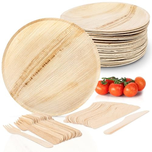 Moritz & Moritz Nachhaltiges Palmblatt Geschirrset für 50 Personen - 50 Teller Einweg Ø 25 cm - 50 Holzbesteck Einweg - Alternative zu Bambusteller und Bambus Geschirrset