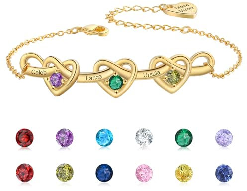 Personalised Birthstone Bracelets with 2-8 Names Silver Bracelet Jewellery Heart Friendship Bracelet Christmas Birthday Gifts for Women Girls Mum Sisters Girlfriend (Gold-3 Birthstones 3 Names)