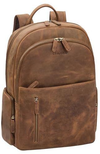 STILORD 'Rio' Sac à Dos en Cuir Premium Homme avec Compartiment Ordinateur 15.6 Pouces Grand Moderne Femme Sac de Travail Business pour Bureau Voyage Université, Couleur:Marron Moyen
