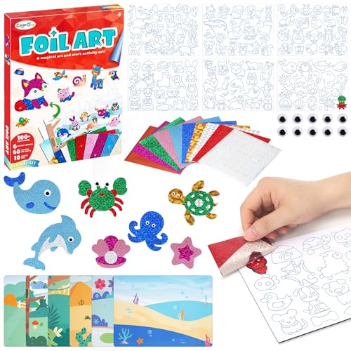 Folienspaß Kinder Foil Art Fun Schmutzfreie Kunst für Jungen Mädchen | Tier Kunst & Bastelaktivität Bastelsets Foil Art Kinder DIY-Aktivität Geschenke Bastelset Kinder 4 Jahre Reisespielzeug