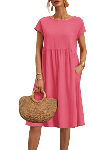 2025 Vestidos de Mujer Verano Cuello Redondo Manga Corta Vestidos Casual Cómodo Vestido de Lino Transpirable Elegante Color Sólido Vintage Vestido Boho Vestidos hasta la Rodilla Ancho Vestido de Playa